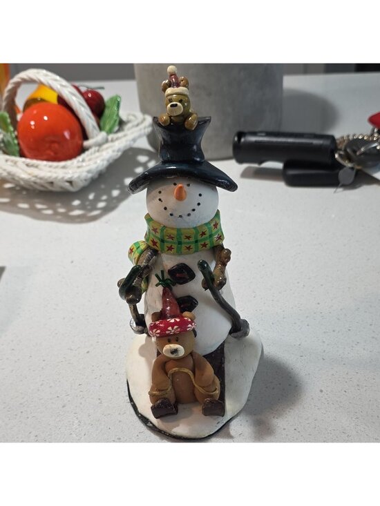 Unbranded Other - Christmas Snowman Resin Figurine Hand Painted Stars Hat Scarf w/ Teddy Bears